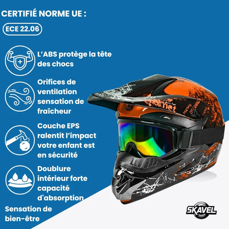 Casque Moto Cross Enfant - Skavel I Noir/Orange - Skavel
