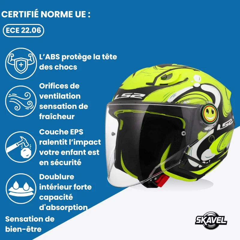Casque Moto Enfant - LS2 I Noir/Jaune - Skavel